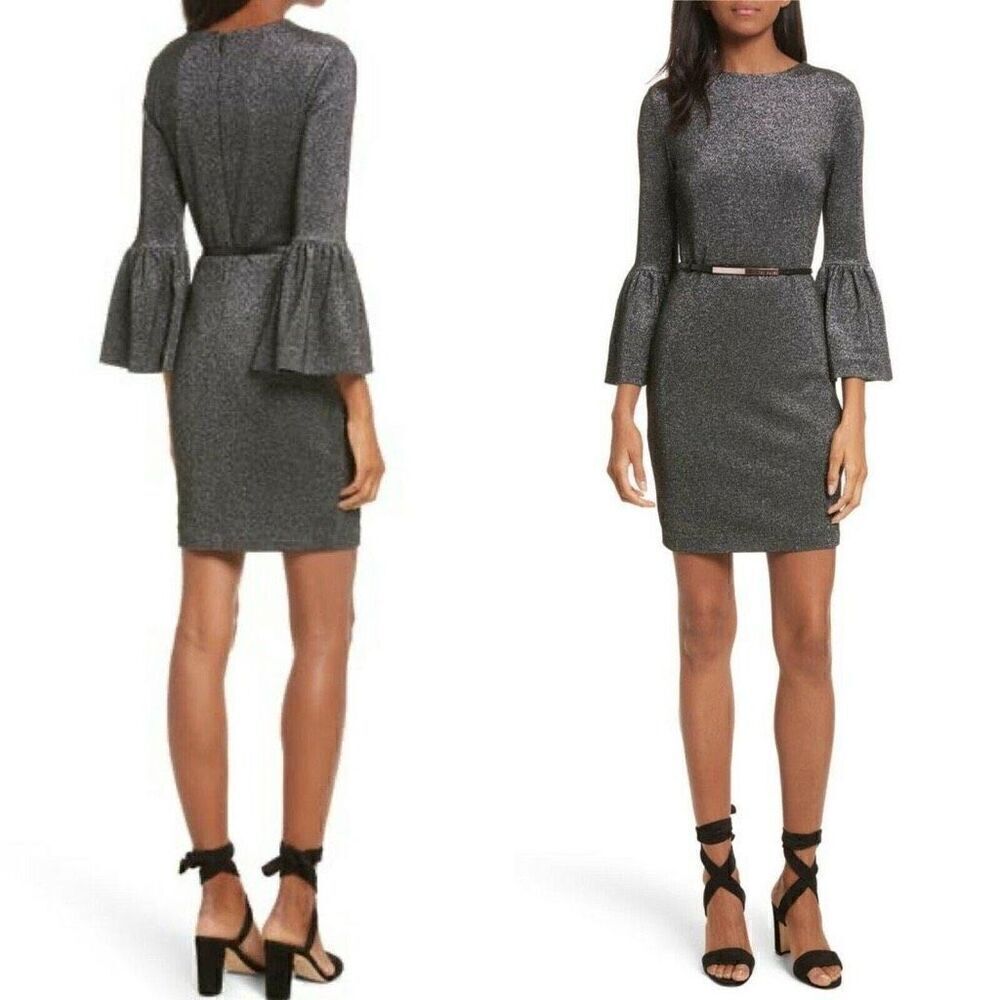 Ted Baker Women’s Size 2 Hannah Bell Sleeve Mini Dress Grey Sparkle Metallic
